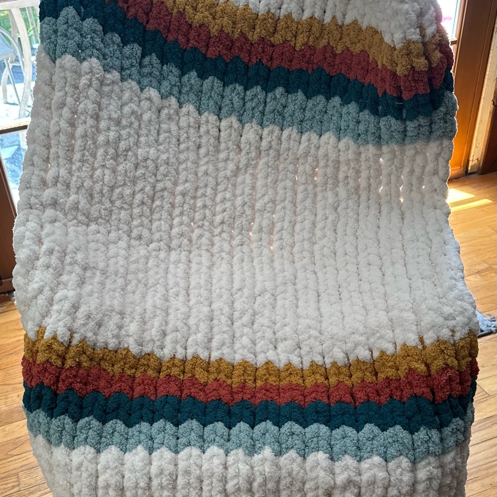 White and Blue Striped Chunky Knit Blanket